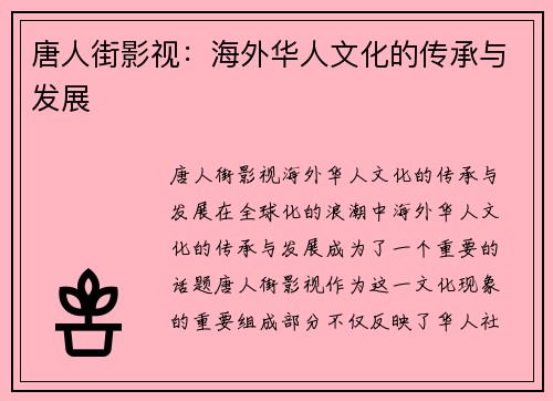 唐人街影视：海外华人文化的传承与发展
